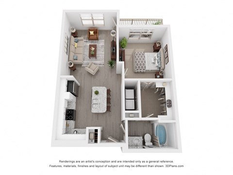 Floor plan for 1 bed, 1 bath, 675 sqft